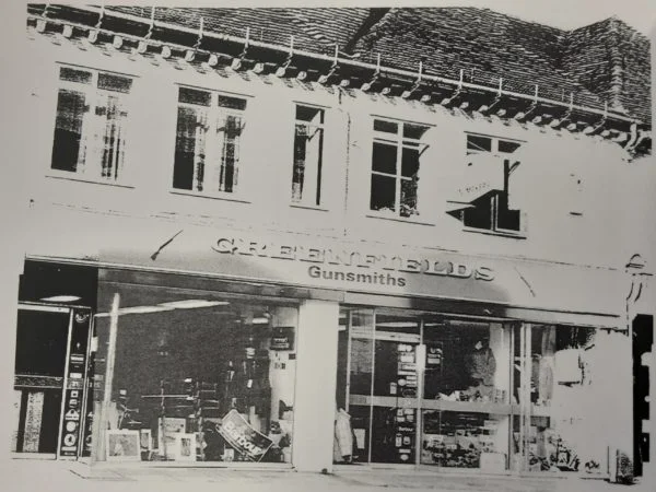 Vintage black and white still of shop front